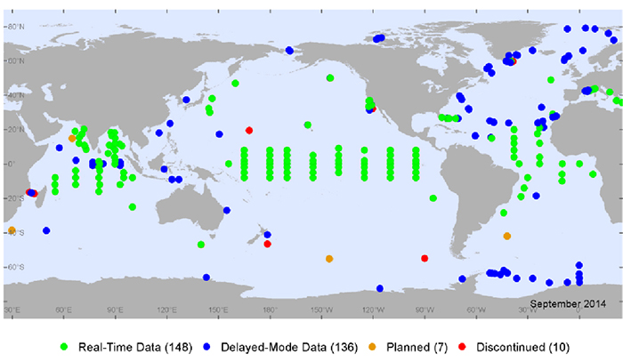 그림2. OceanSITES에 등록된 해양관측시스템 현황(’14.9월 기준)
