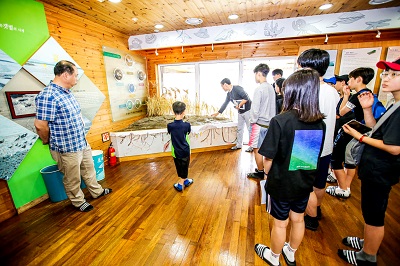 사진 9,10. 강화갯벌센터 내부에 전시된 각종 조형물을 견학하는 청소년들 