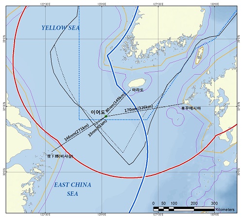 그림 2. 동중국해 한·중·일 해양관할권 중첩도